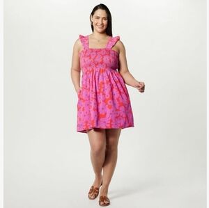 The Drop Red/Pink Retro Floral Kari Ruffled-Shoulder Smocked Dress Size 4X NWT